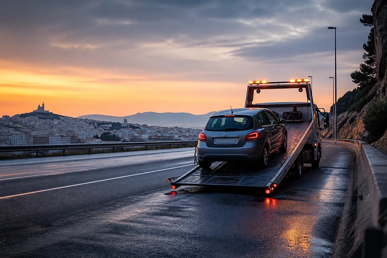 Remorquage auto à Marseille : dépanneuse plateau chargeant une voiture sur voie rapide au coucher du soleil