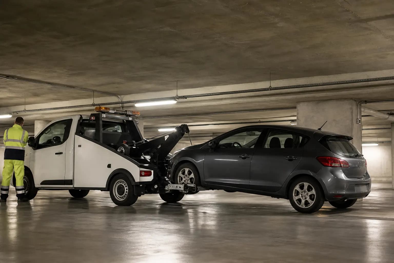 Remorquage en parking sous-sol à Marseille : dépanneuse extrayant une voiture en panne