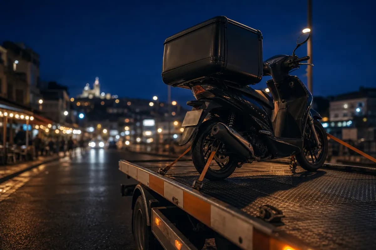 Remorquage scooter livreur Marseille : scooter sanglé sur plateau de dépanneuse de nuit