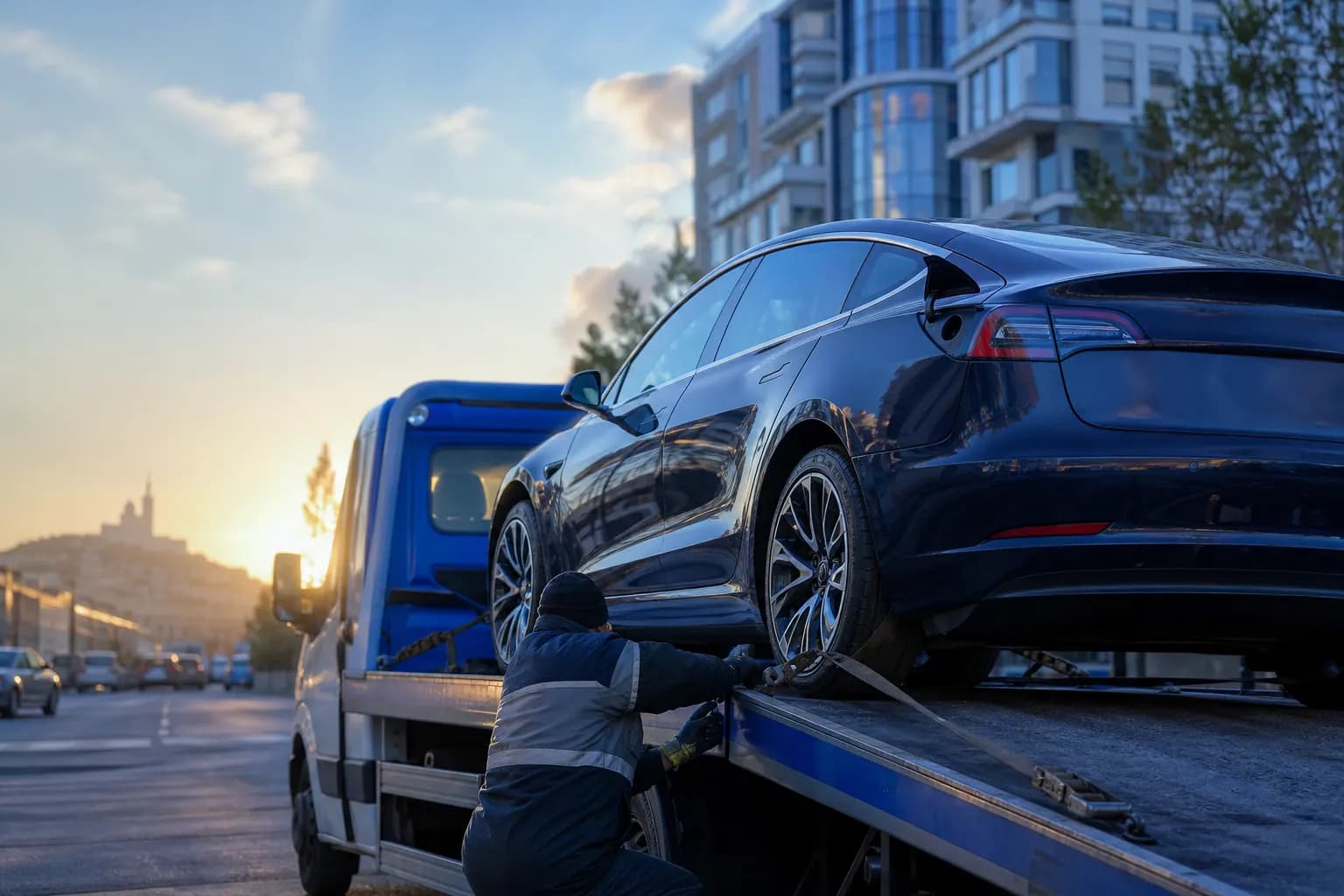 Remorquage voiture électrique Marseille : véhicule électrique sécurisé sur plateau de dépanneuse