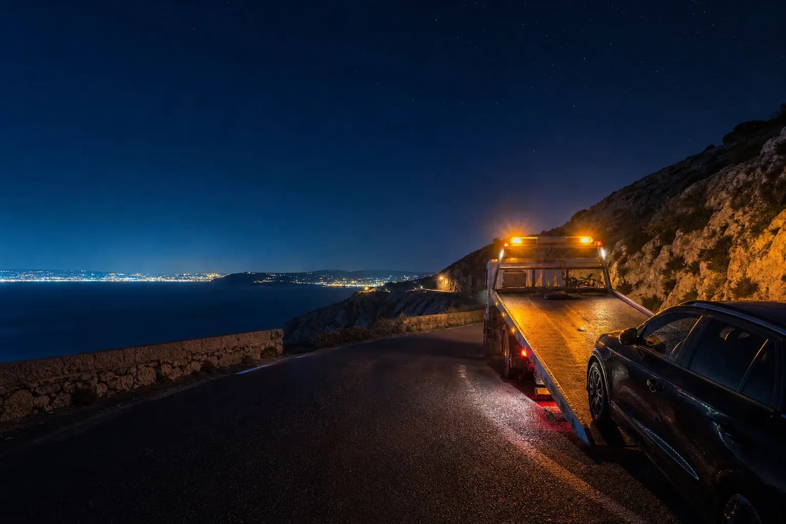 Panne de nuit Corniche ou Goudes Marseille : dépanneuse en intervention sur route côtière