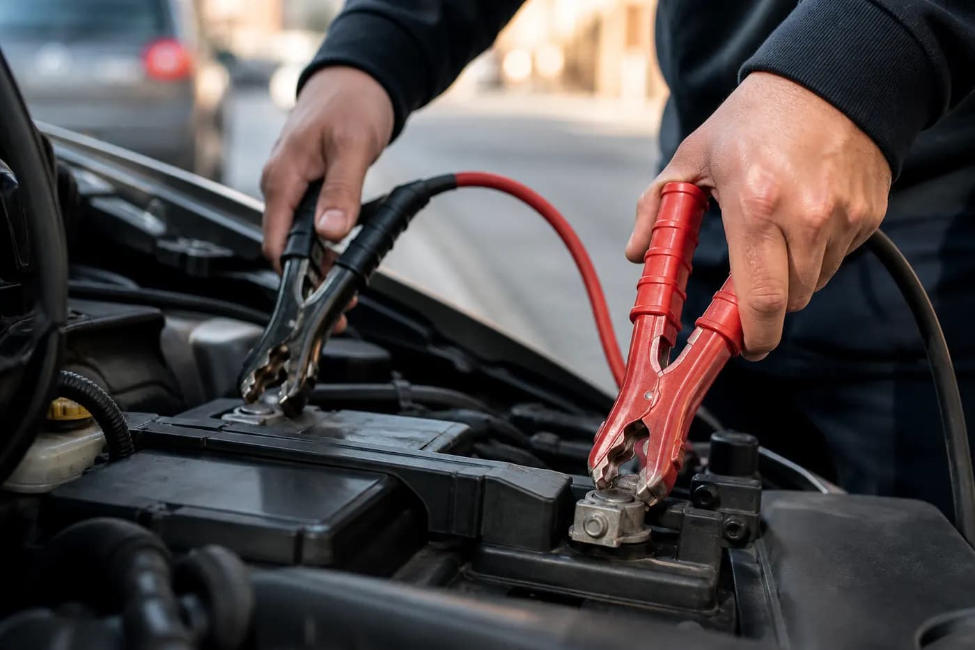 Dépannage batterie Marseille : boost par câbles professionnels sur batterie voiture en bord de route